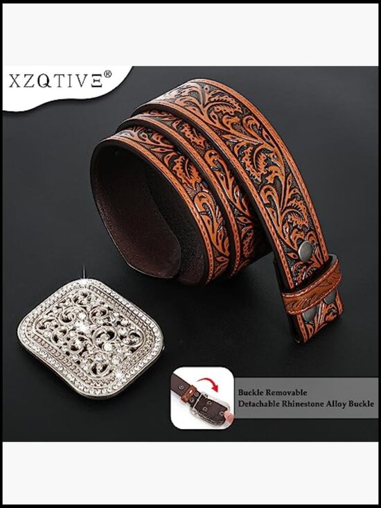 Genuine Leather Western Belt with Silver Diamond Buckle main image 6